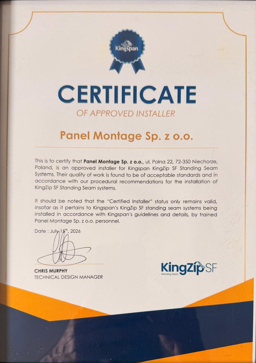 Approved-Installer-Zertifikat Kingspan KingZip SF für Panel Montage, 15. Juli 2026